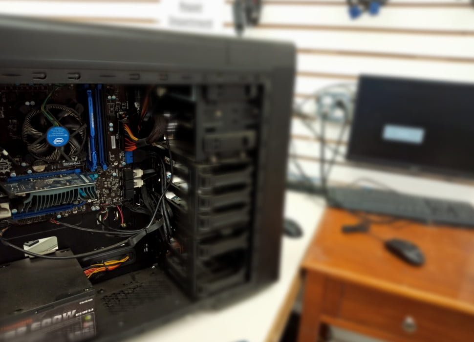 A desktop computer being worked on at Software Emporium